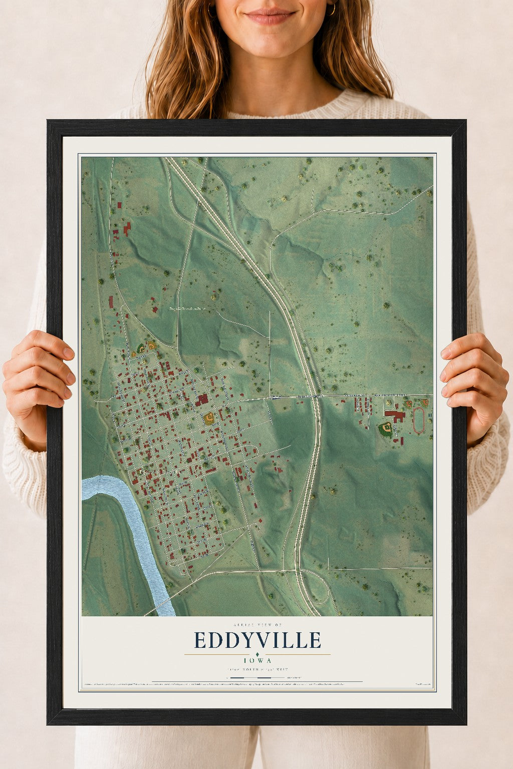 Map of Eddyville, Iowa, 18 x 24 inch print in a black wood frame