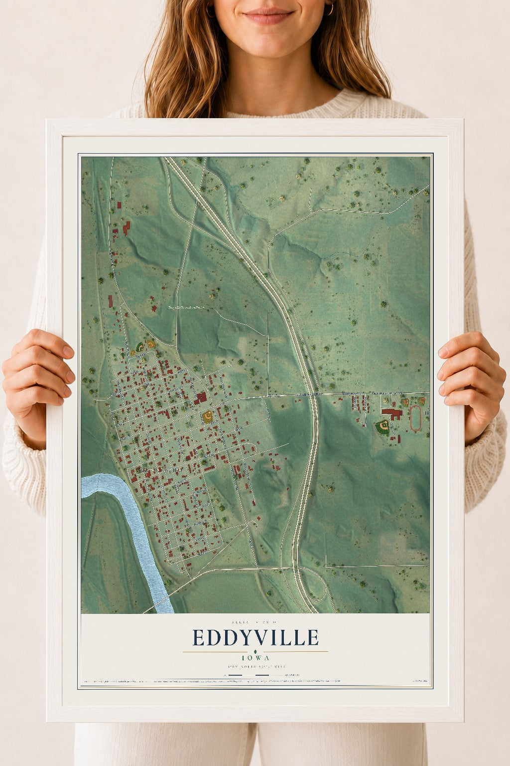 Map of Eddyville, Iowa, 18 x 24 inch print in a white wood frame