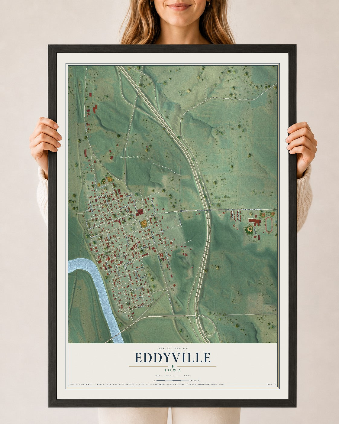 Map of Eddyville, Iowa, 24 x 36 inch print in a black wood frame
