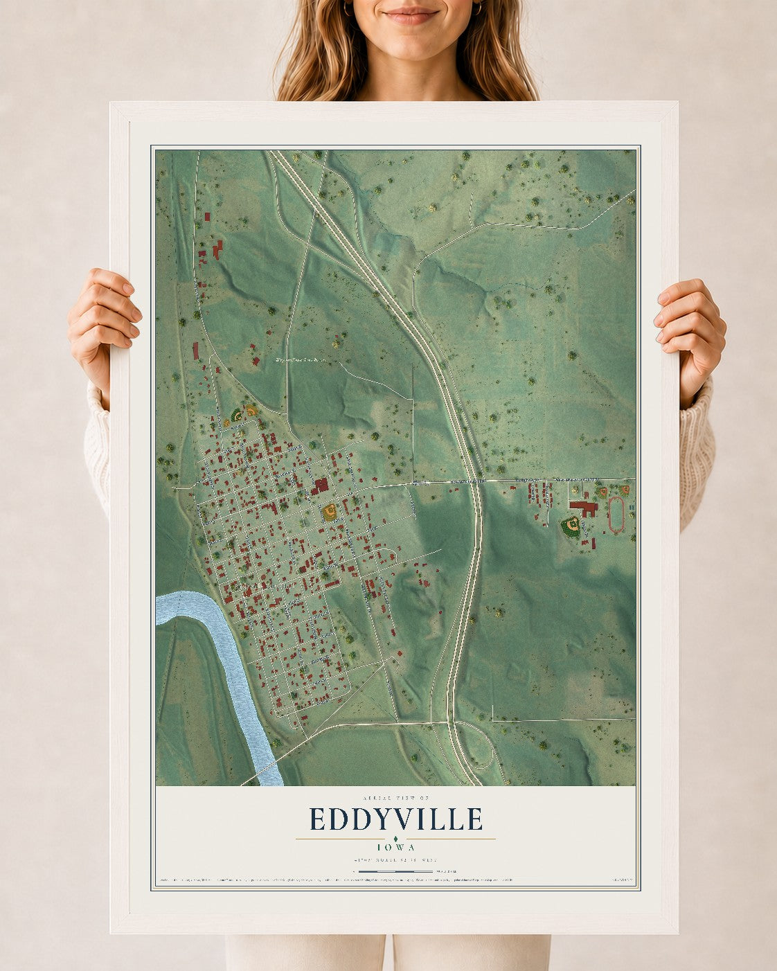 Map of Eddyville, Iowa, 24 x 36 inch print in a white wood frame