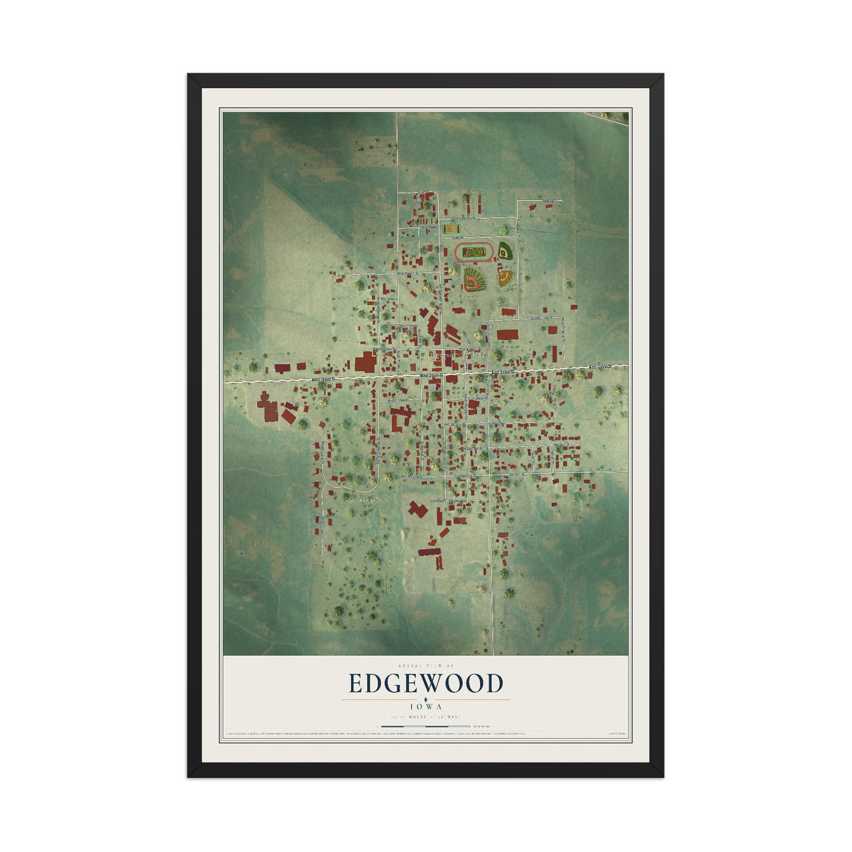 Map of Edgewood, Iowa, 12 x 18 inch print in a black wood frame
