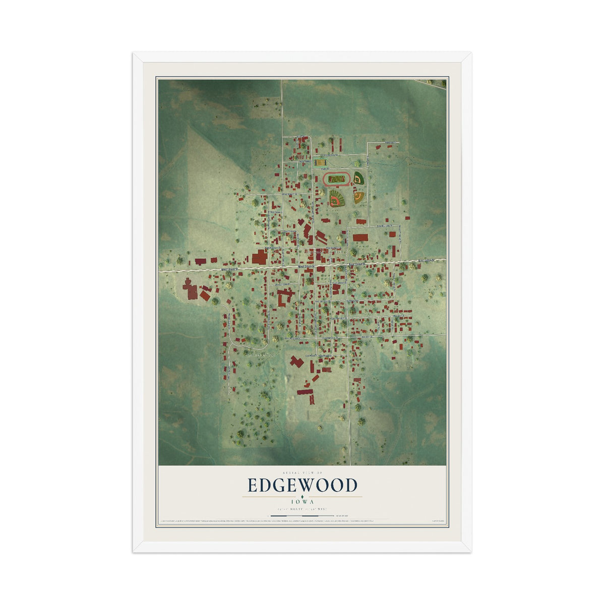 Map of Edgewood, Iowa, 12 x 18 inch print in a white wood frame