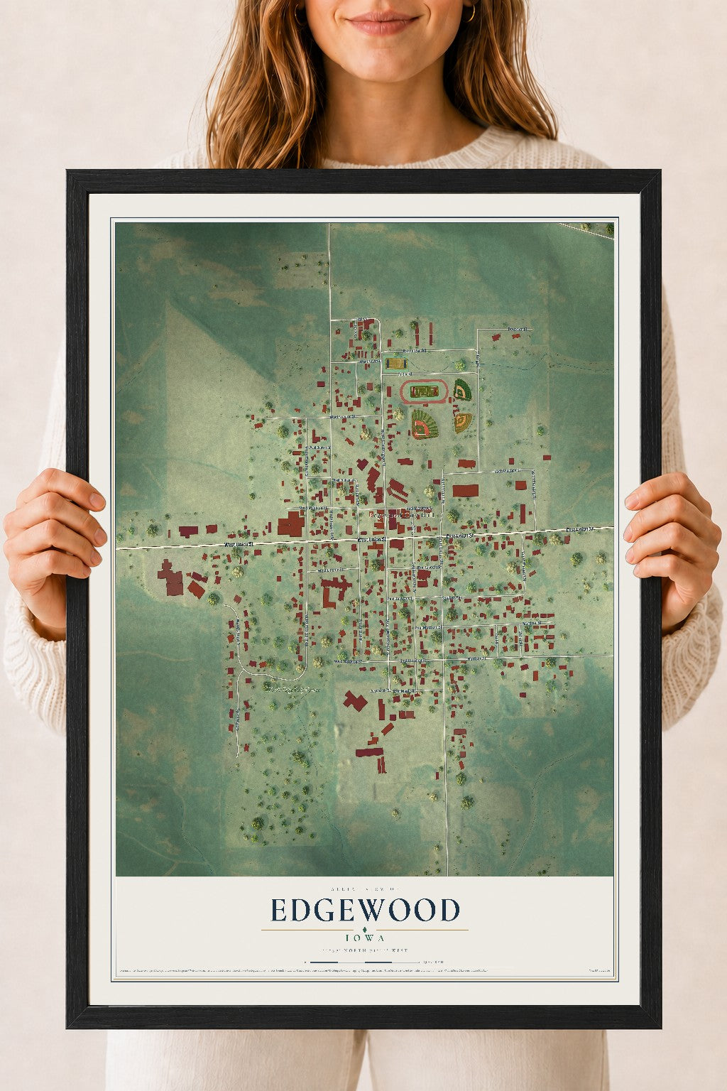 Map of Edgewood, Iowa, 18 x 24 inch print in a black wood frame