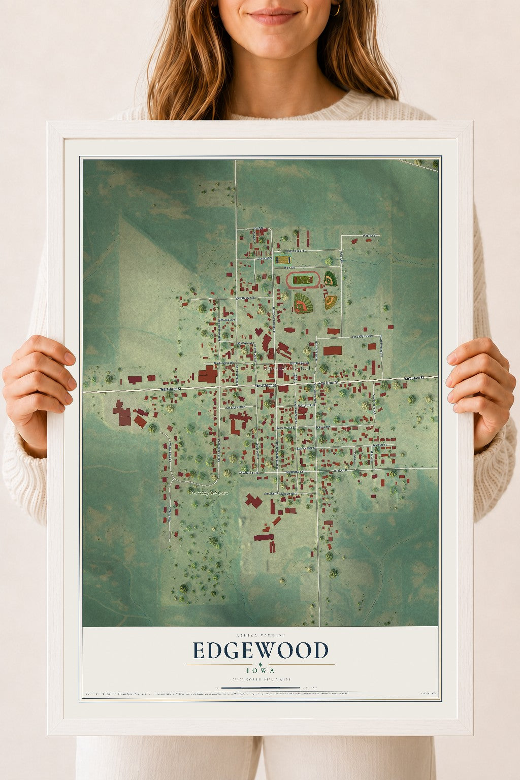 Map of Edgewood, Iowa, 18 x 24 inch print in a white wood frame