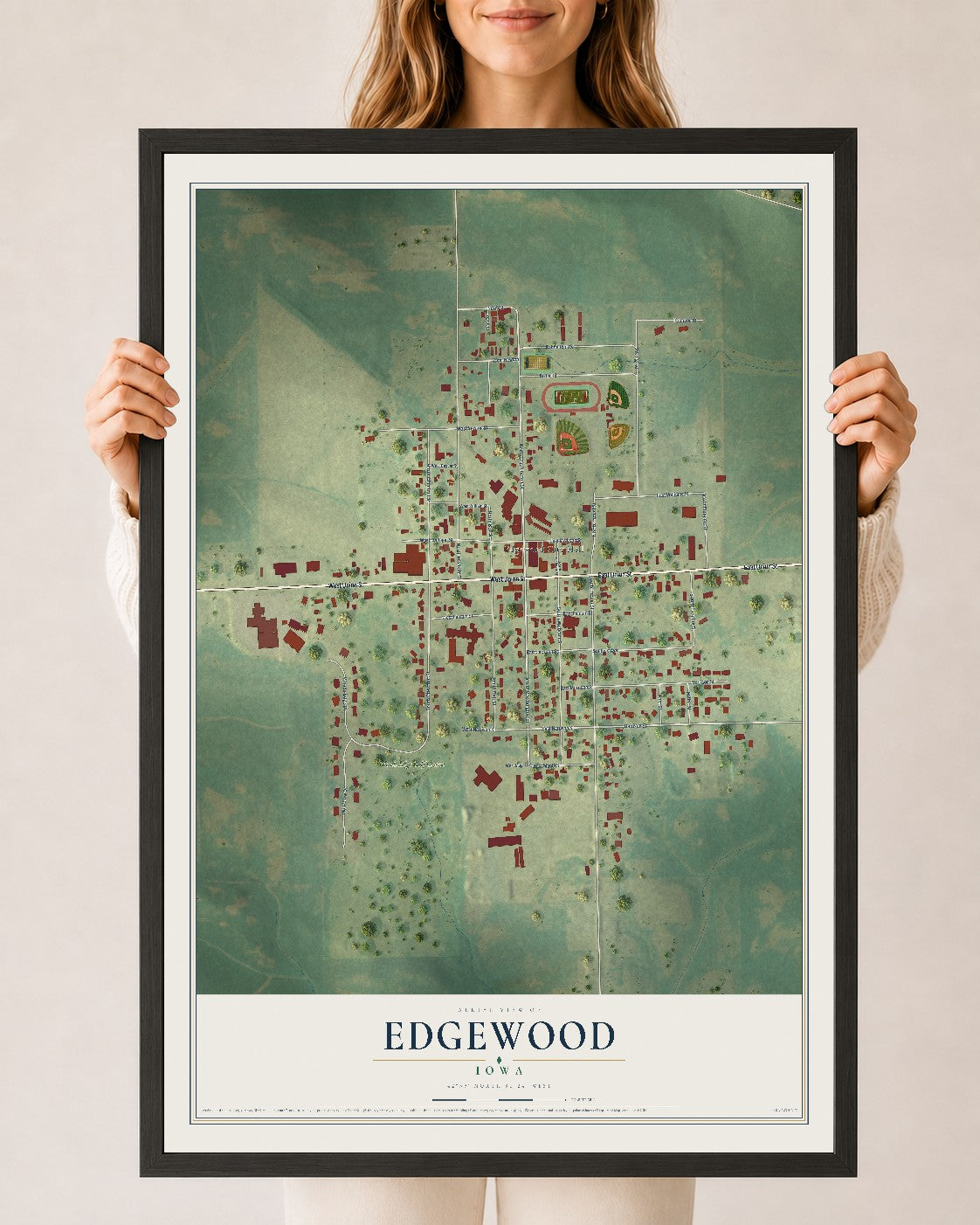 Map of Edgewood, Iowa, 24 x 36 inch print in a black wood frame