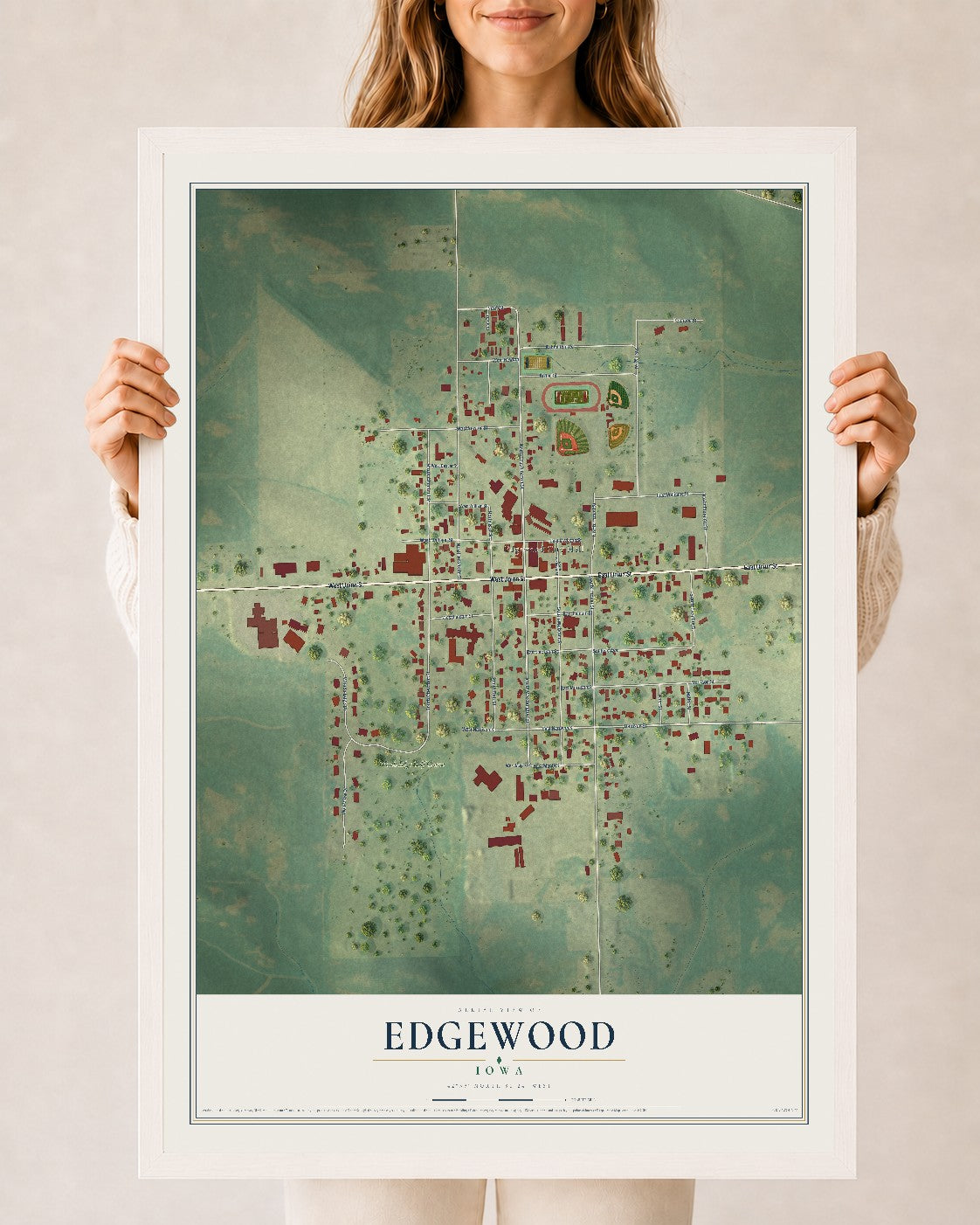 Map of Edgewood, Iowa, 24 x 36 inch print in a white wood frame