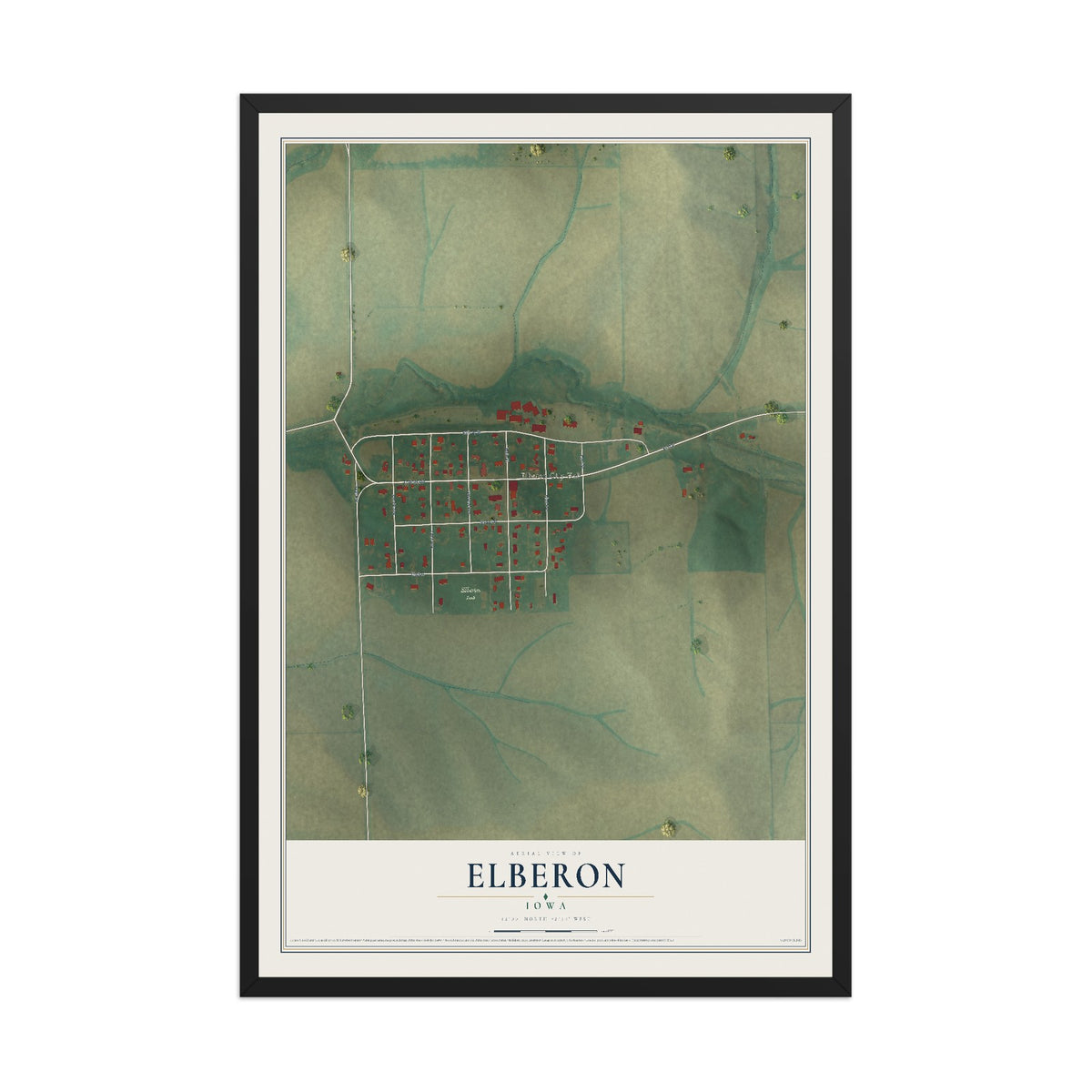 Map of Elberon, Iowa, 12 x 18 inch print in a black wood frame