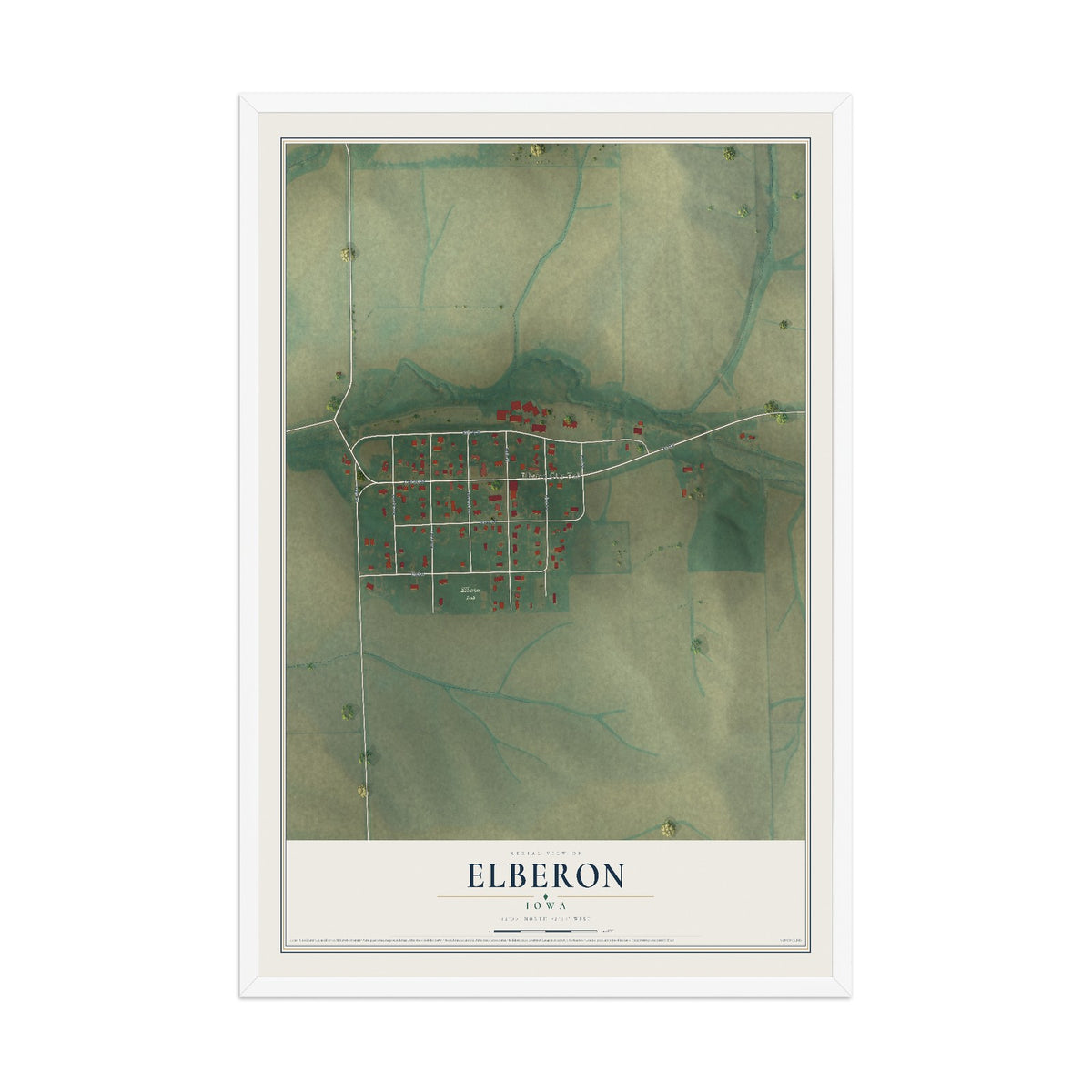 Map of Elberon, Iowa, 12 x 18 inch print in a white wood frame