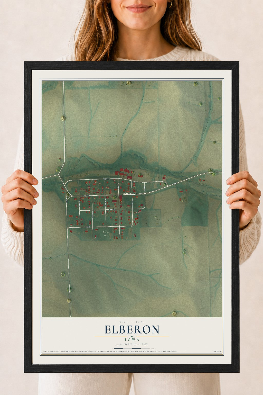 Map of Elberon, Iowa, 18 x 24 inch print in a black wood frame