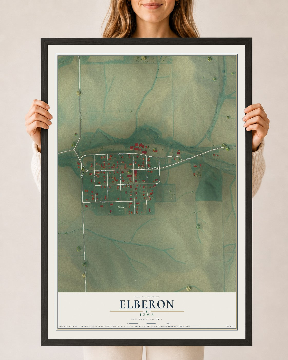 Map of Elberon, Iowa, 24 x 36 inch print in a black wood frame