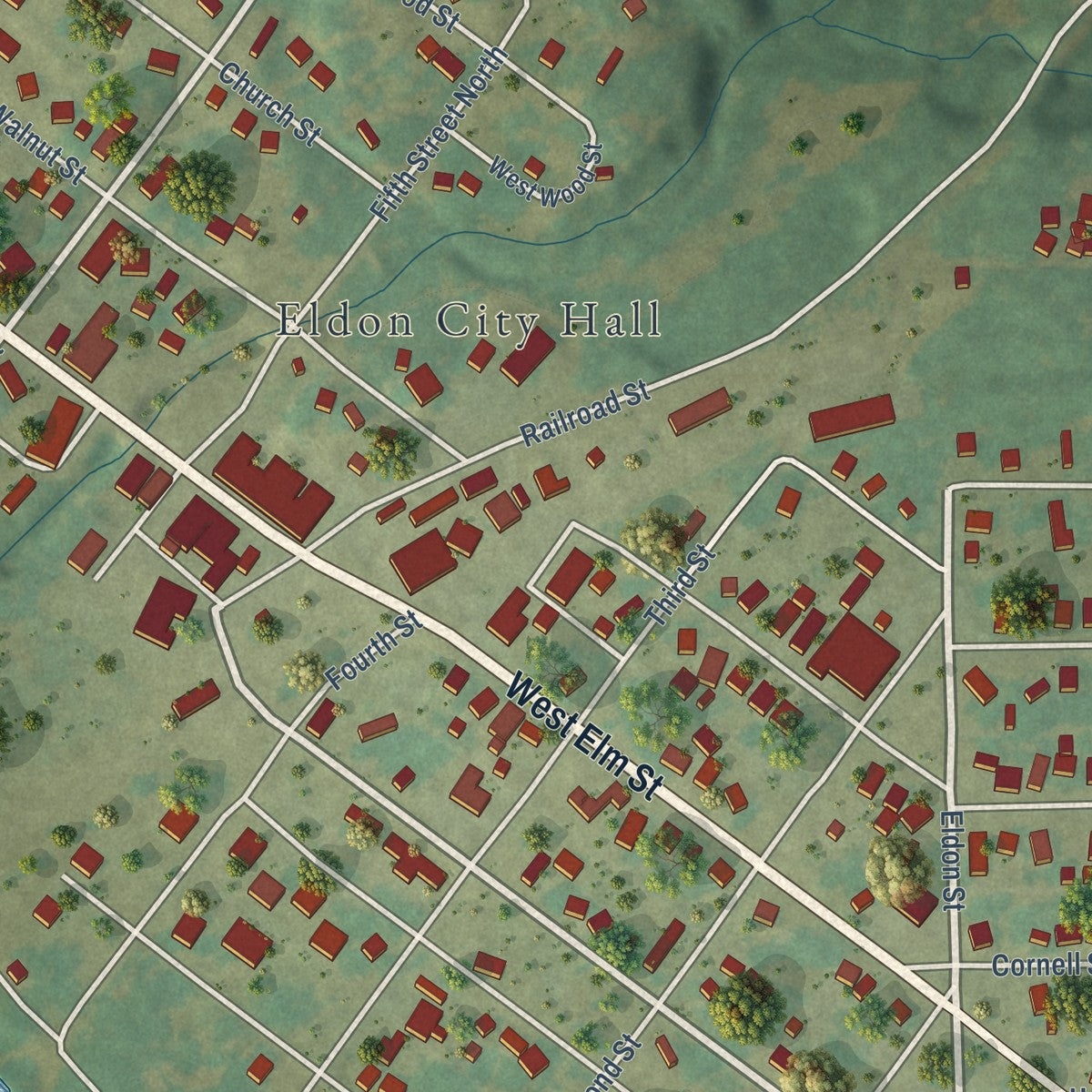 Close-up of the map of Eldon, Iowa print showing street and building detail