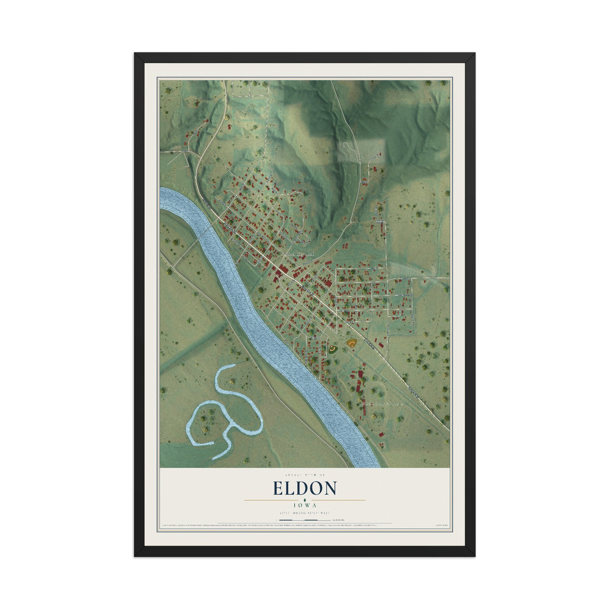 Map of Eldon, Iowa, 12 x 18 inch print in a black wood frame