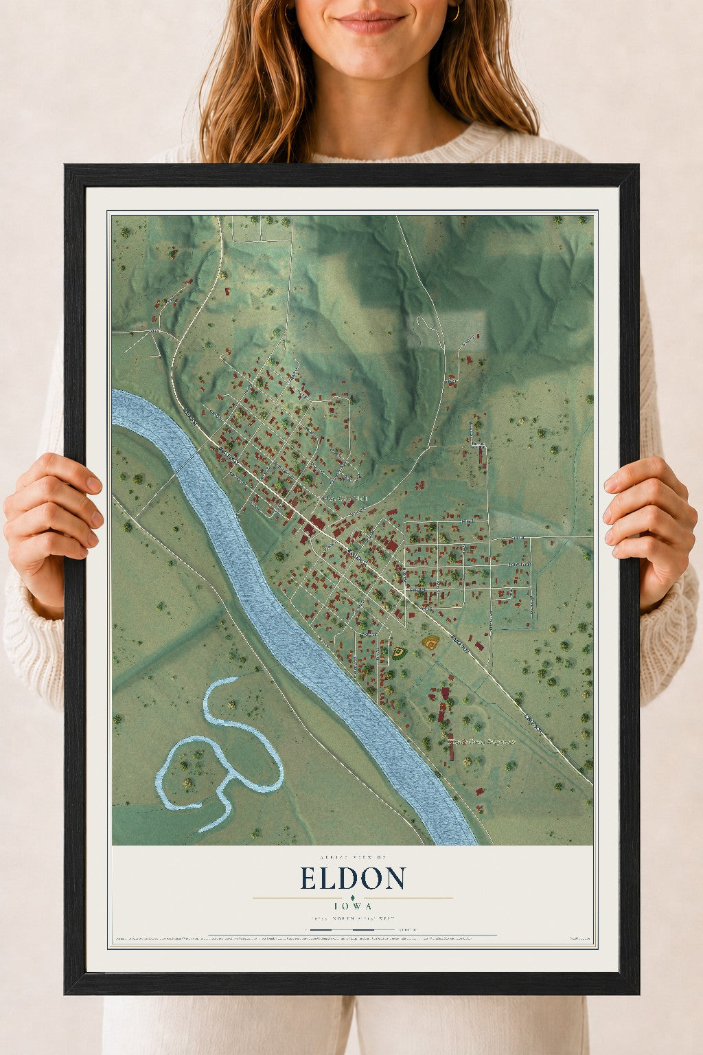 Map of Eldon, Iowa, 18 x 24 inch print in a black wood frame
