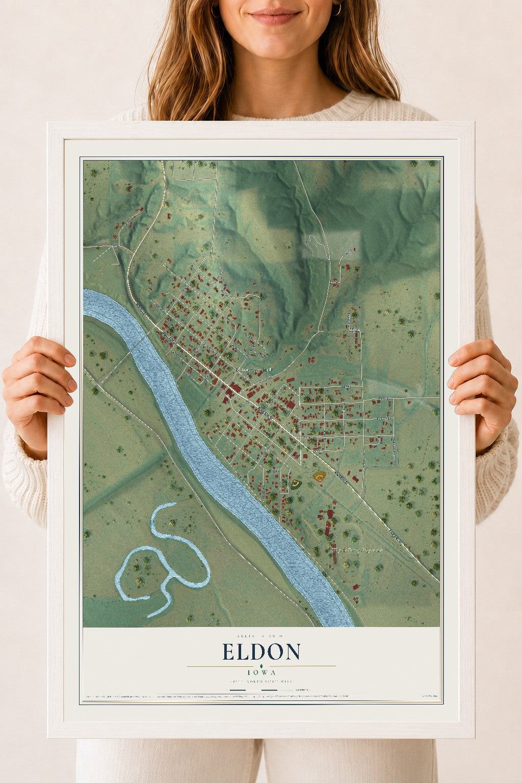 Map of Eldon, Iowa, 18 x 24 inch print in a white wood frame
