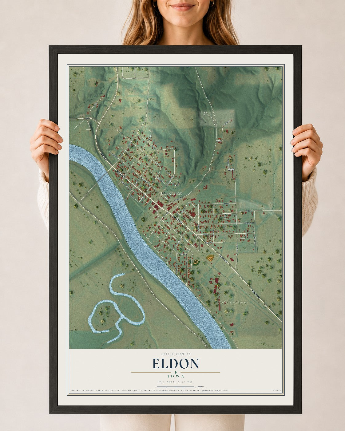 Map of Eldon, Iowa, 24 x 36 inch print in a black wood frame