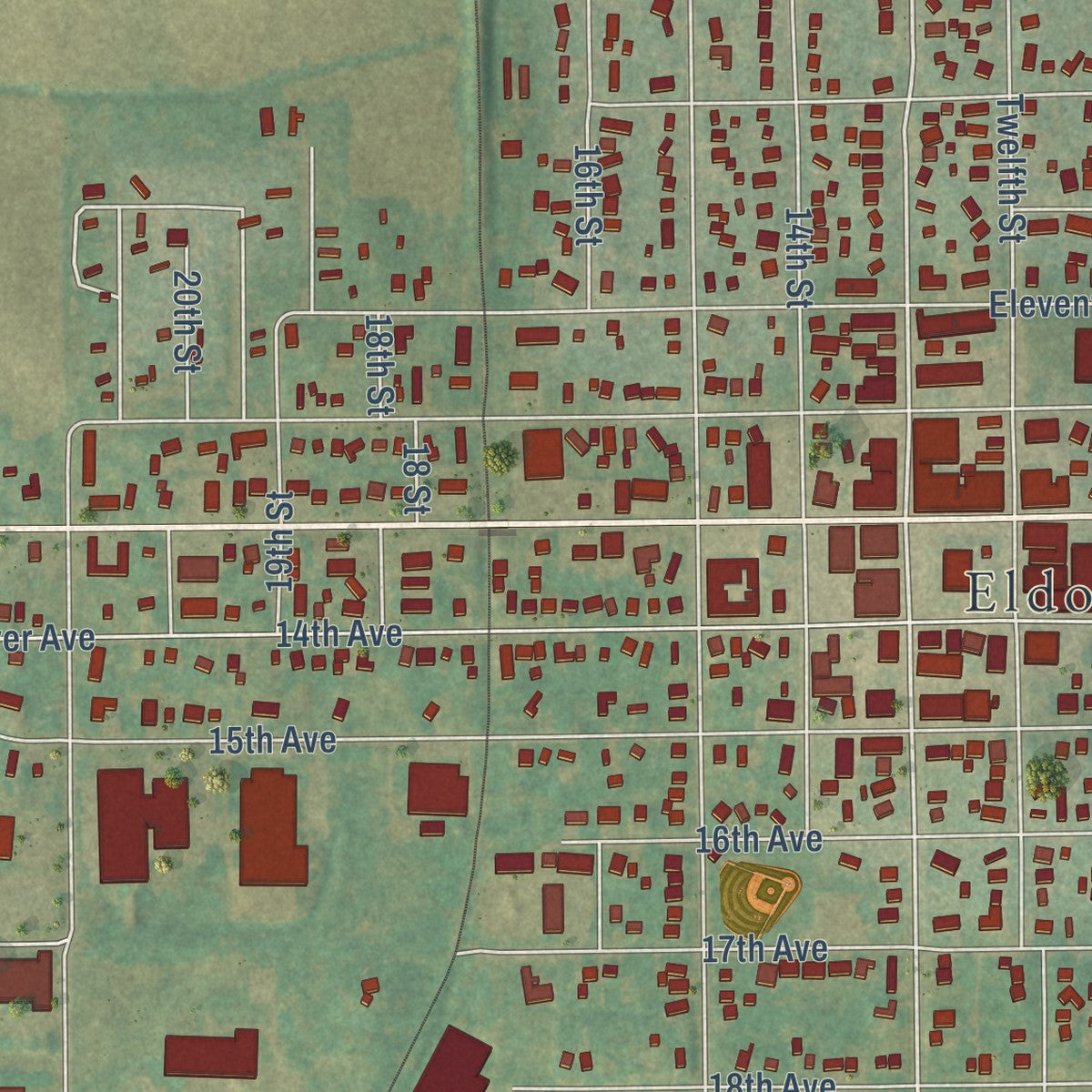 Close-up of the map of Eldora, Iowa print showing street and building detail