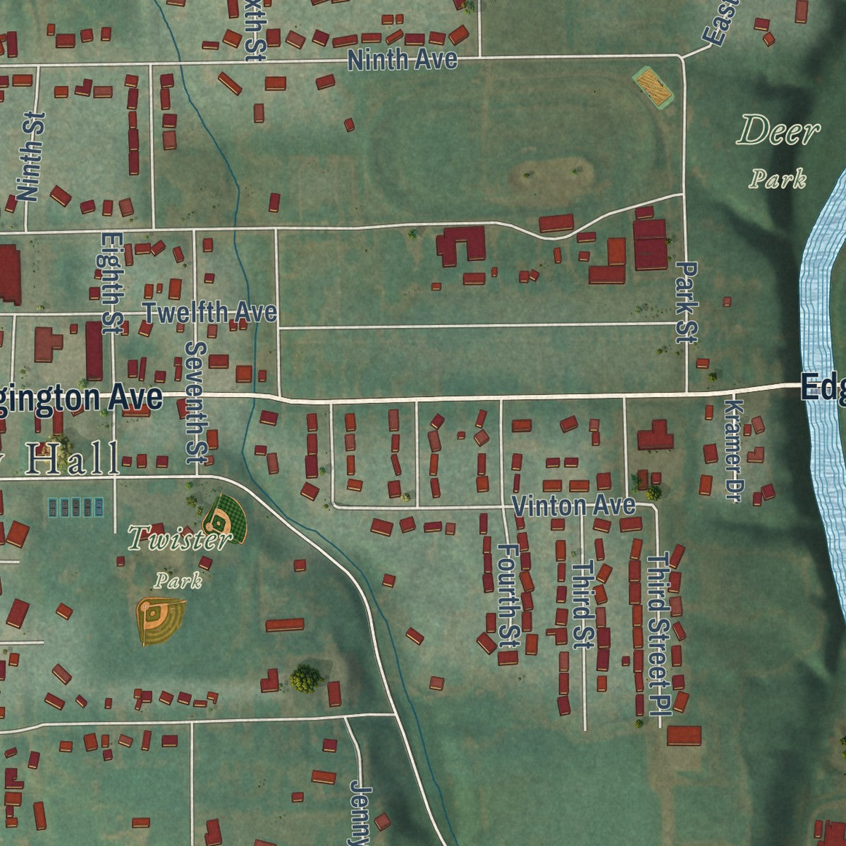 Second close-up of the map of Eldora, Iowa print showing more streets and buildings