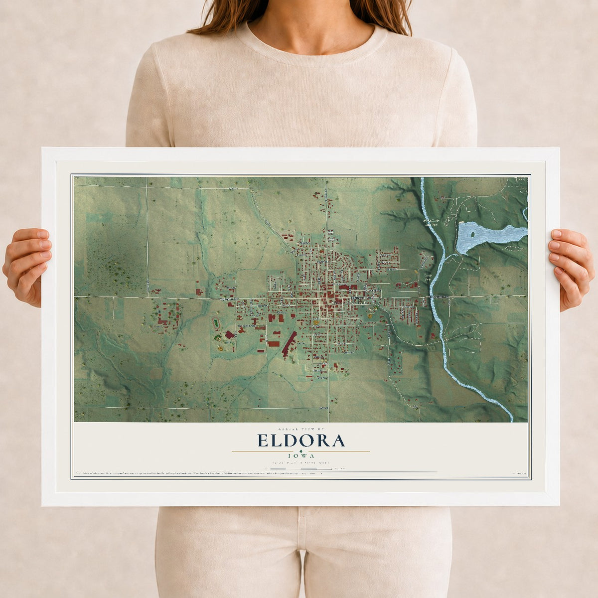 Map of Eldora, Iowa, 12 x 18 inch print in a white wood frame