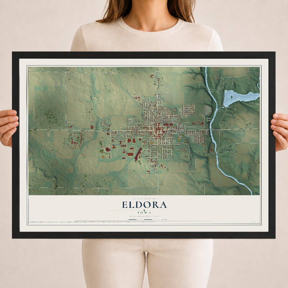 Map of Eldora, Iowa, 18 x 24 inch print in a black wood frame