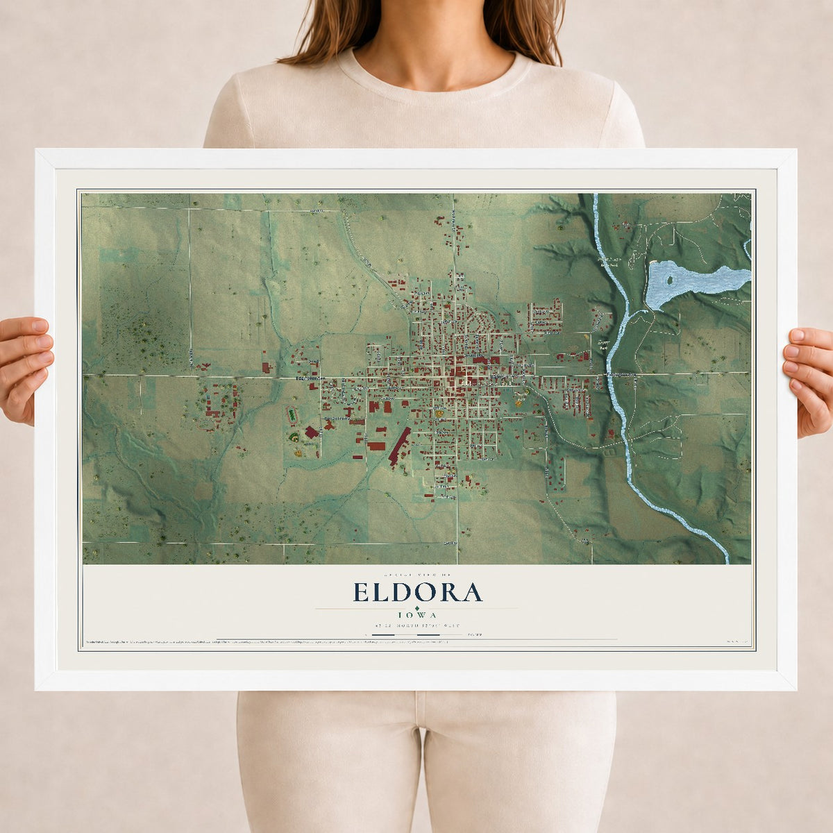 Map of Eldora, Iowa, 18 x 24 inch print in a white wood frame