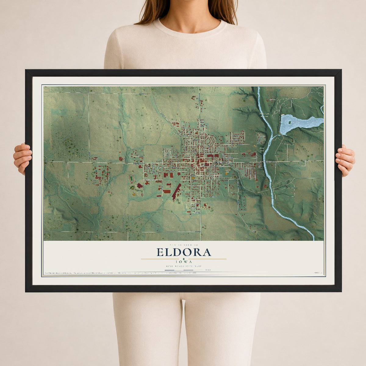 Map of Eldora, Iowa, 24 x 36 inch print in a black wood frame