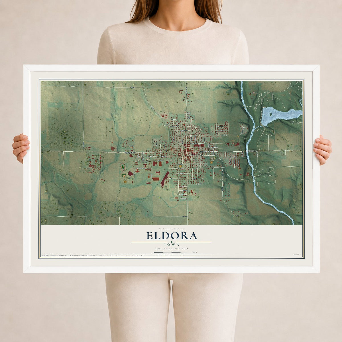 Map of Eldora, Iowa, 24 x 36 inch print in a white wood frame