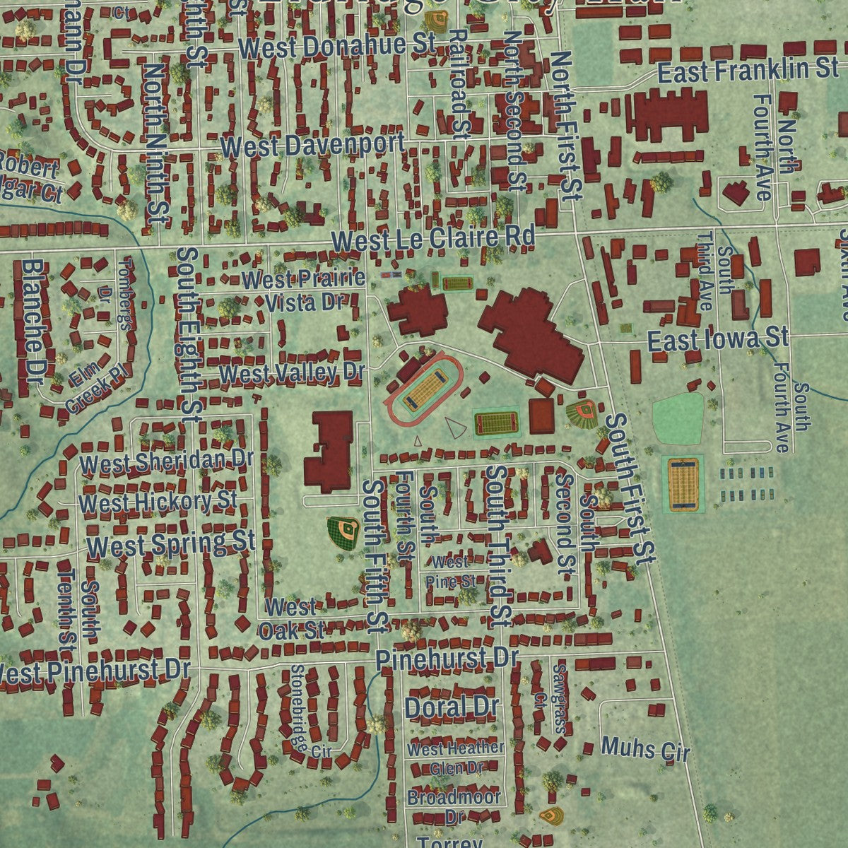 Close-up of the map of Eldridge, Iowa print showing street and building detail
