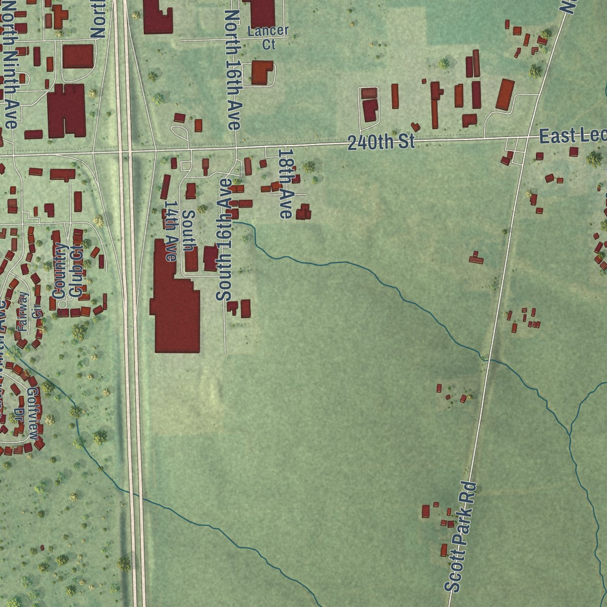 Second close-up of the map of Eldridge, Iowa print showing more streets and buildings