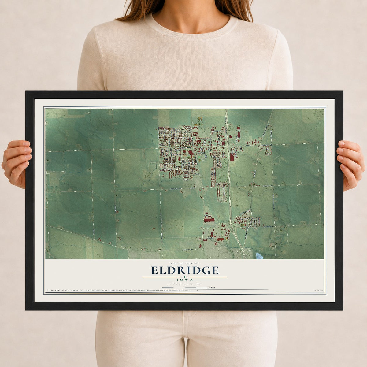 Map of Eldridge, Iowa, 12 x 18 inch print in a black wood frame