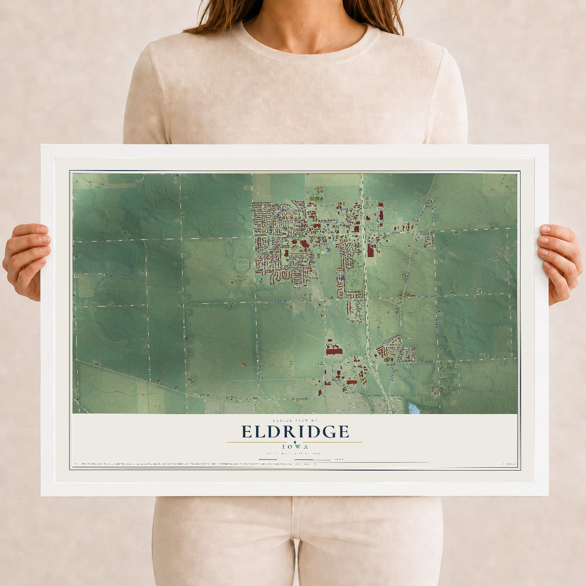 Map of Eldridge, Iowa, 12 x 18 inch print in a white wood frame