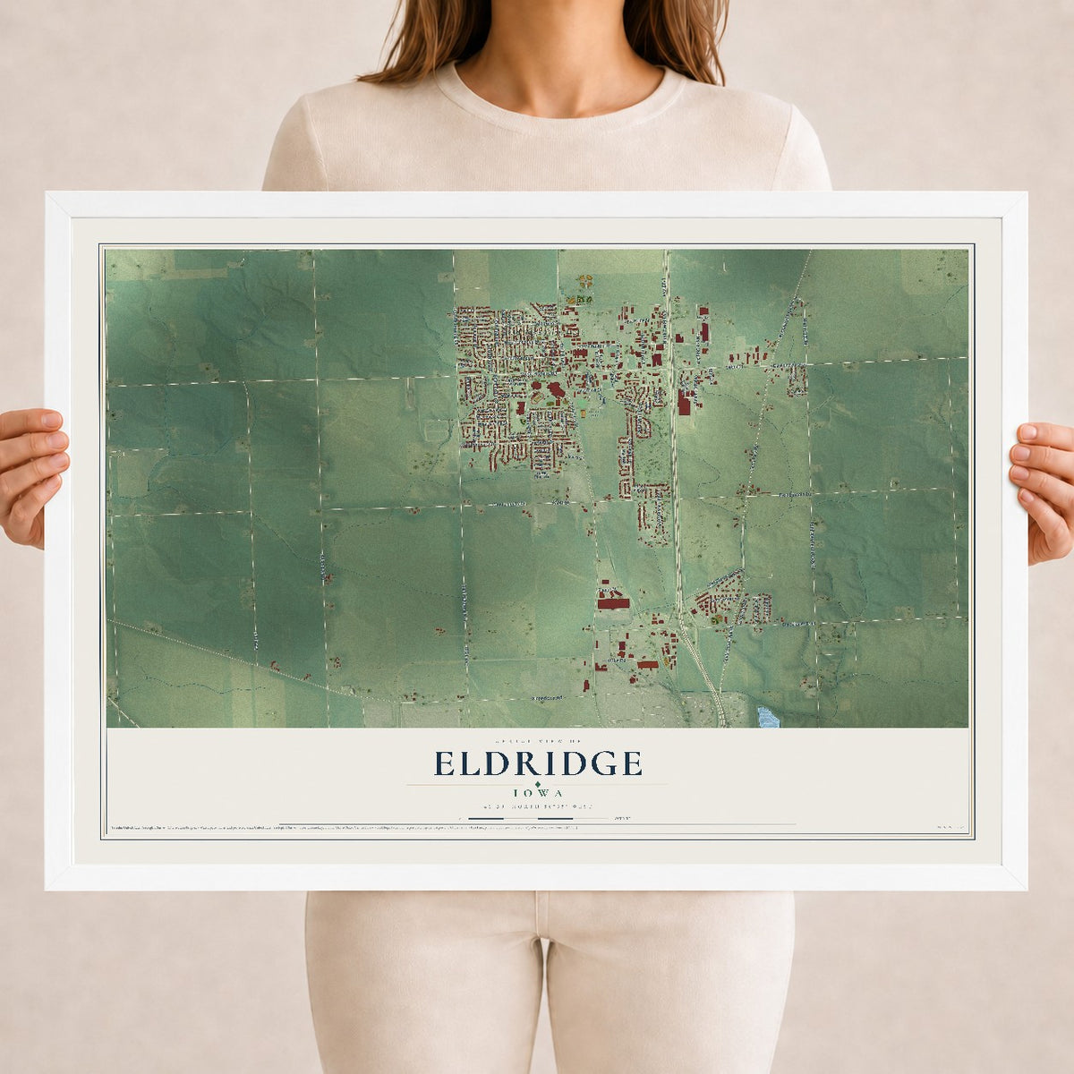 Map of Eldridge, Iowa, 18 x 24 inch print in a white wood frame