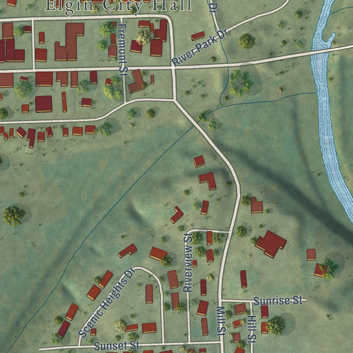 Second close-up of the map of Elgin, Iowa print showing more streets and buildings