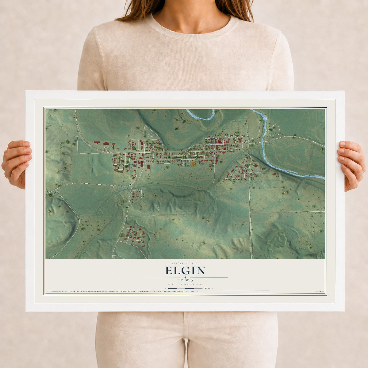 Map of Elgin, Iowa, 12 x 18 inch print in a white wood frame