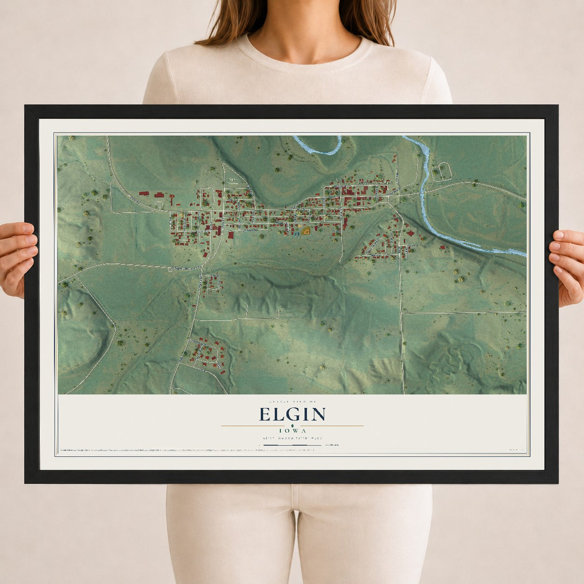 Map of Elgin, Iowa, 18 x 24 inch print in a black wood frame