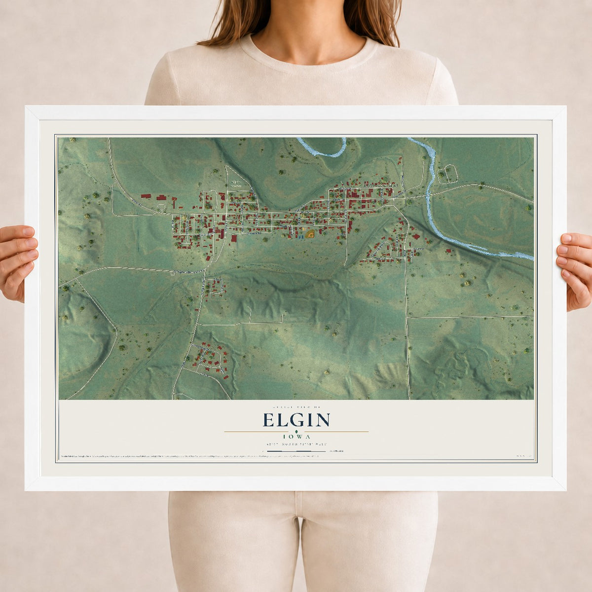 Map of Elgin, Iowa, 18 x 24 inch print in a white wood frame