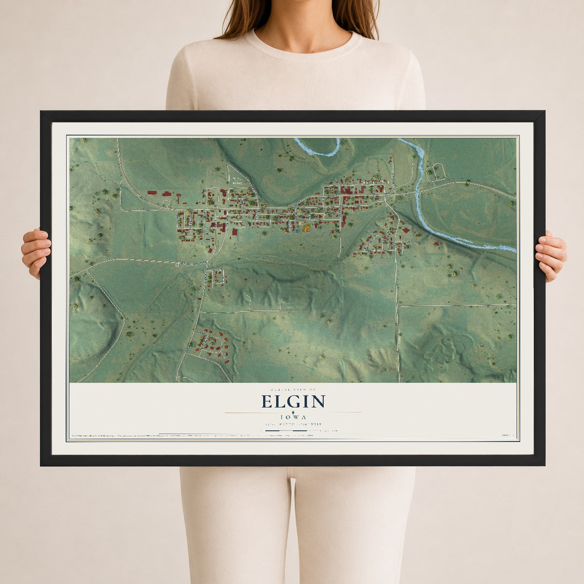 Map of Elgin, Iowa, 24 x 36 inch print in a black wood frame