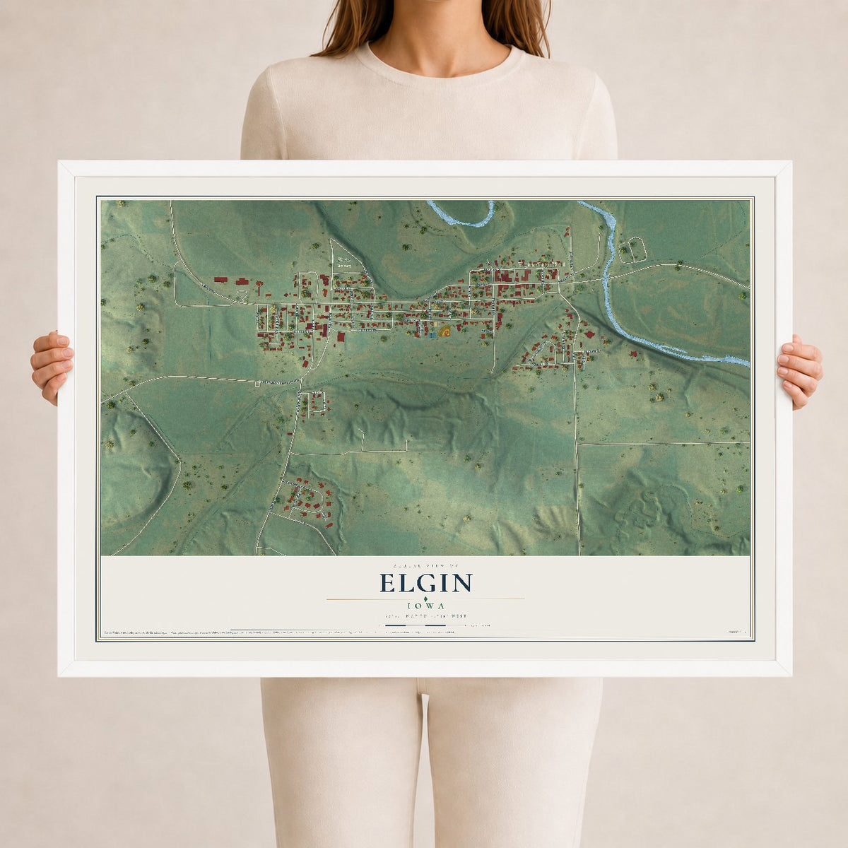 Map of Elgin, Iowa, 24 x 36 inch print in a white wood frame