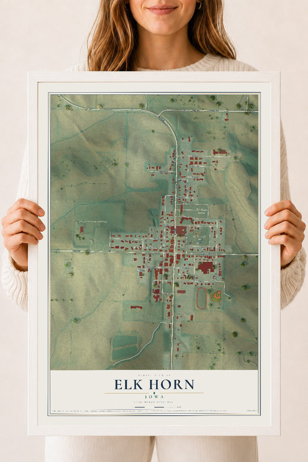 Map of Elk Horn, Iowa, 18 x 24 inch print in a white wood frame