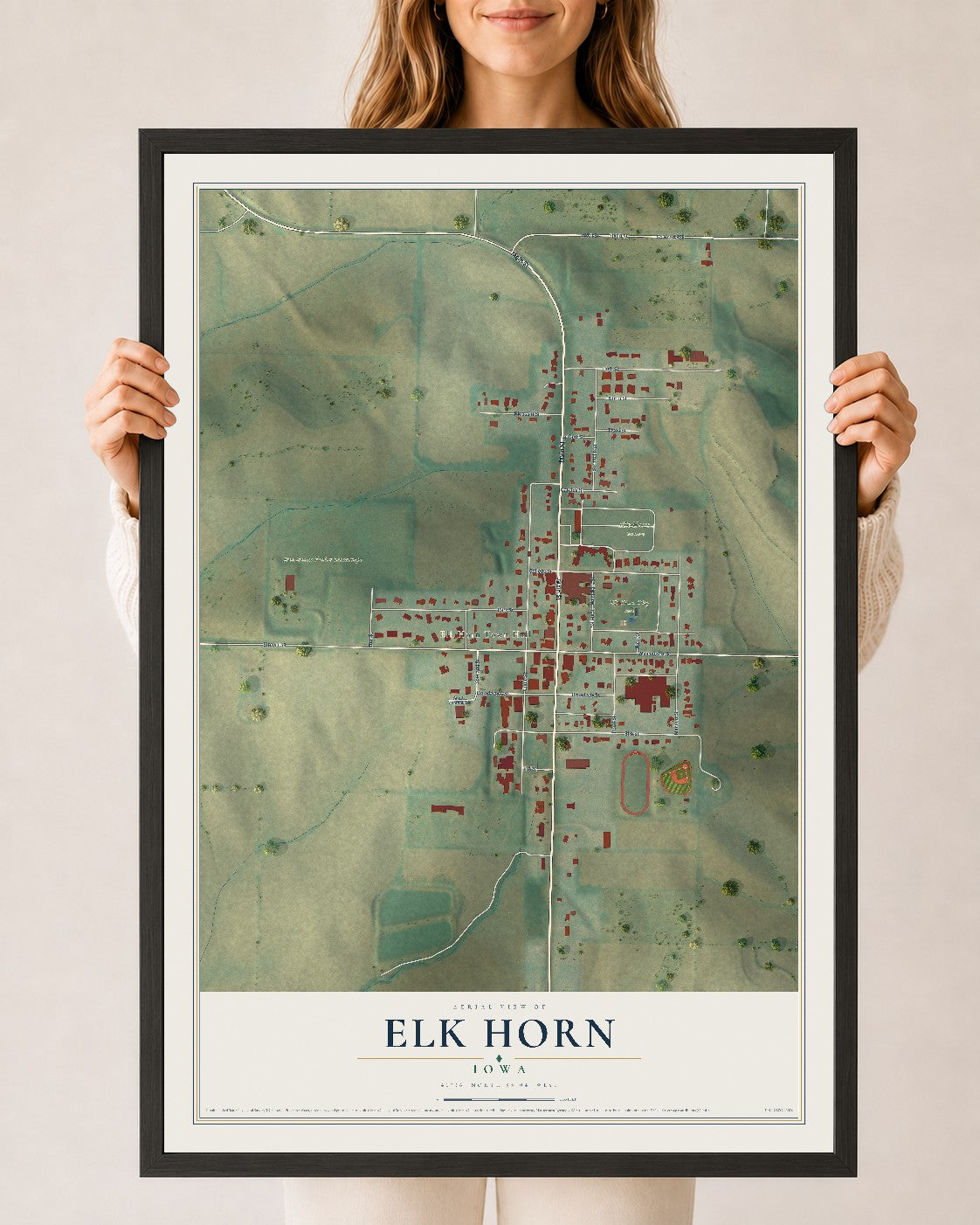Map of Elk Horn, Iowa, 24 x 36 inch print in a black wood frame