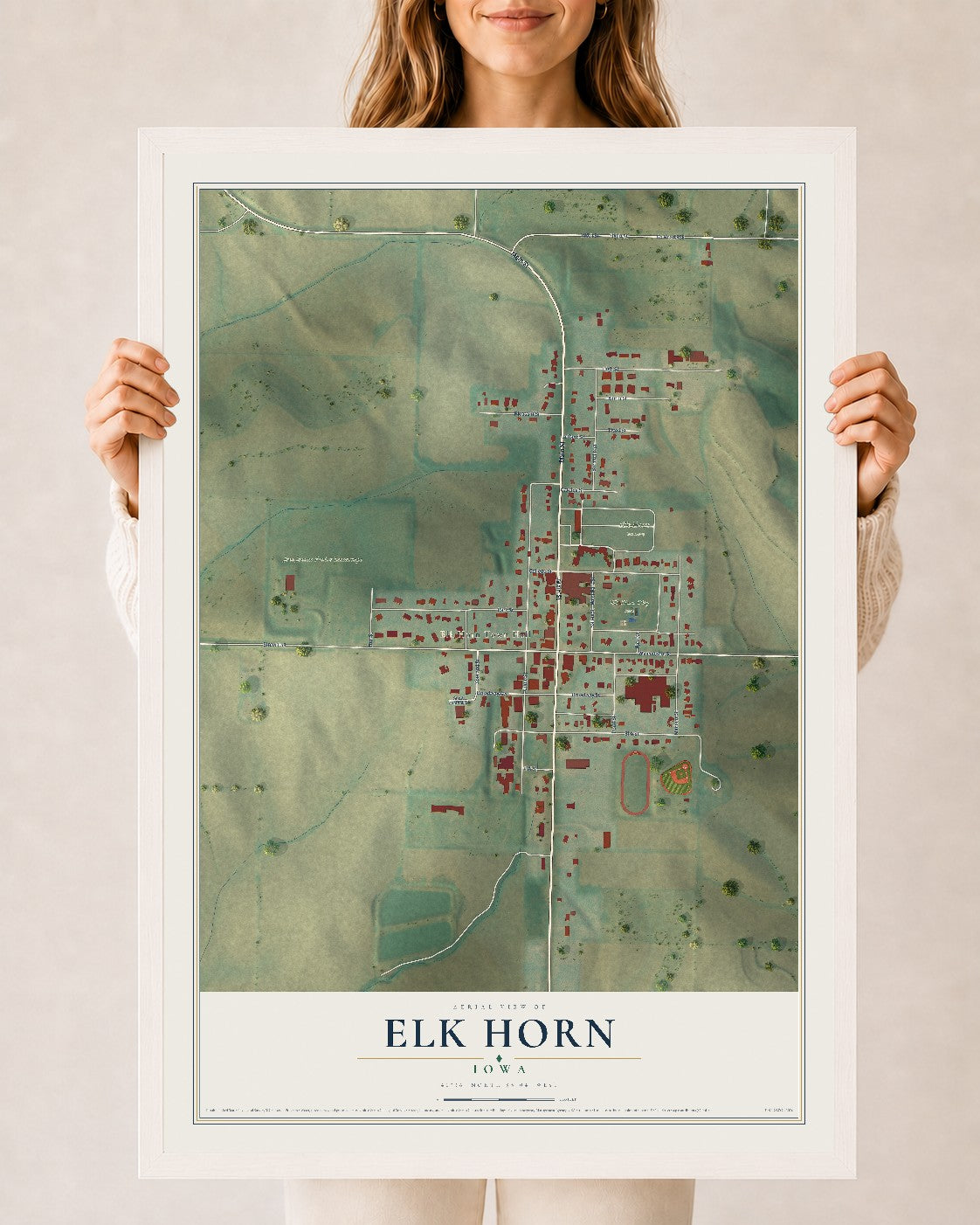 Map of Elk Horn, Iowa, 24 x 36 inch print in a white wood frame
