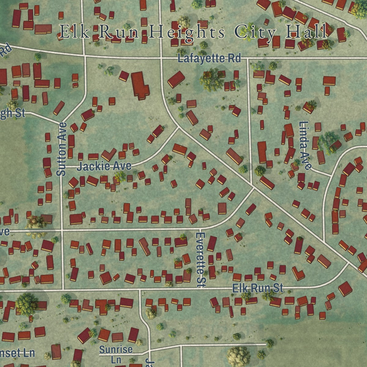 Close-up of the map of Elk Run Heights, Iowa print showing street and building detail