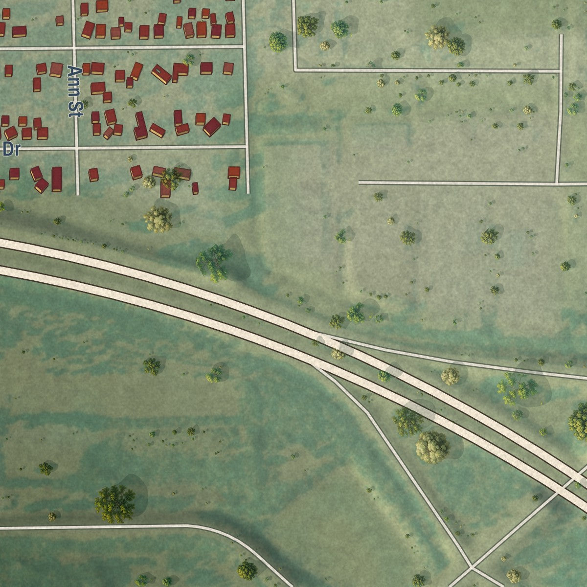Second close-up of the map of Elk Run Heights, Iowa print showing more streets and buildings