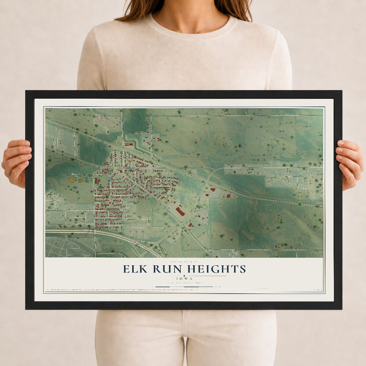 Map of Elk Run Heights, Iowa, 12 x 18 inch print in a black wood frame