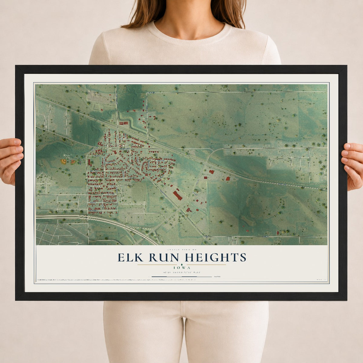 Map of Elk Run Heights, Iowa, 18 x 24 inch print in a black wood frame