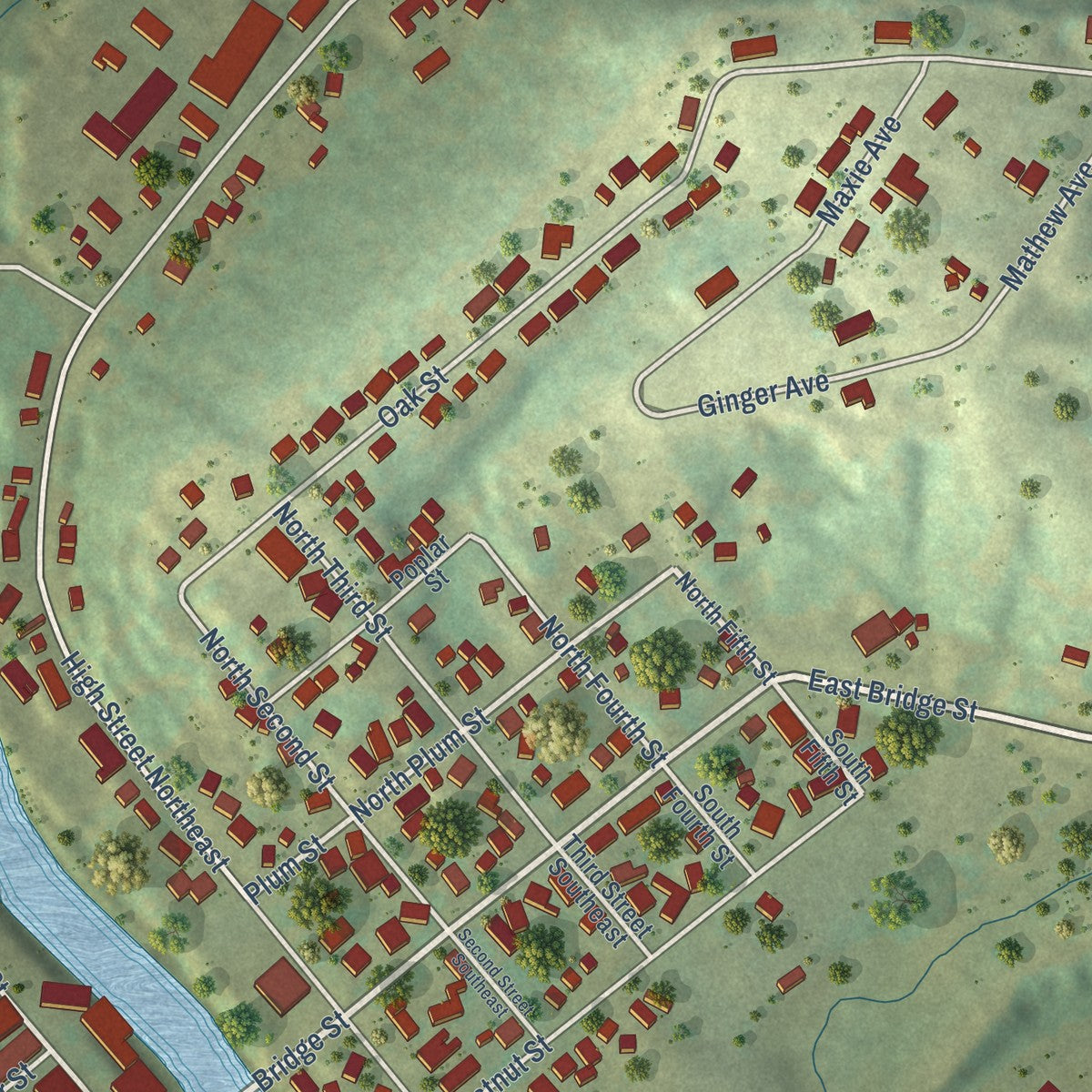 Close-up of the map of Elkader, Iowa print showing street and building detail