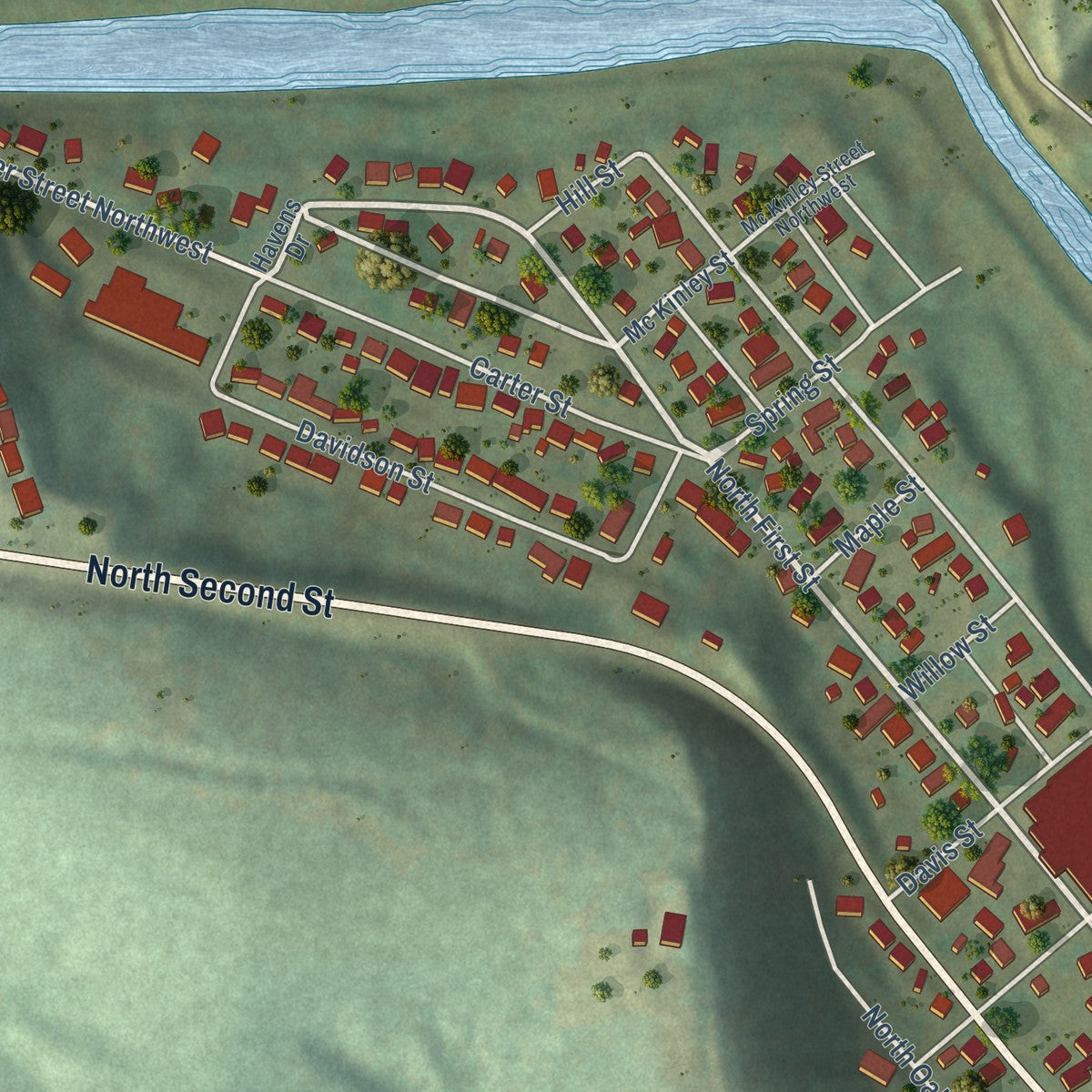 Second close-up of the map of Elkader, Iowa print showing more streets and buildings