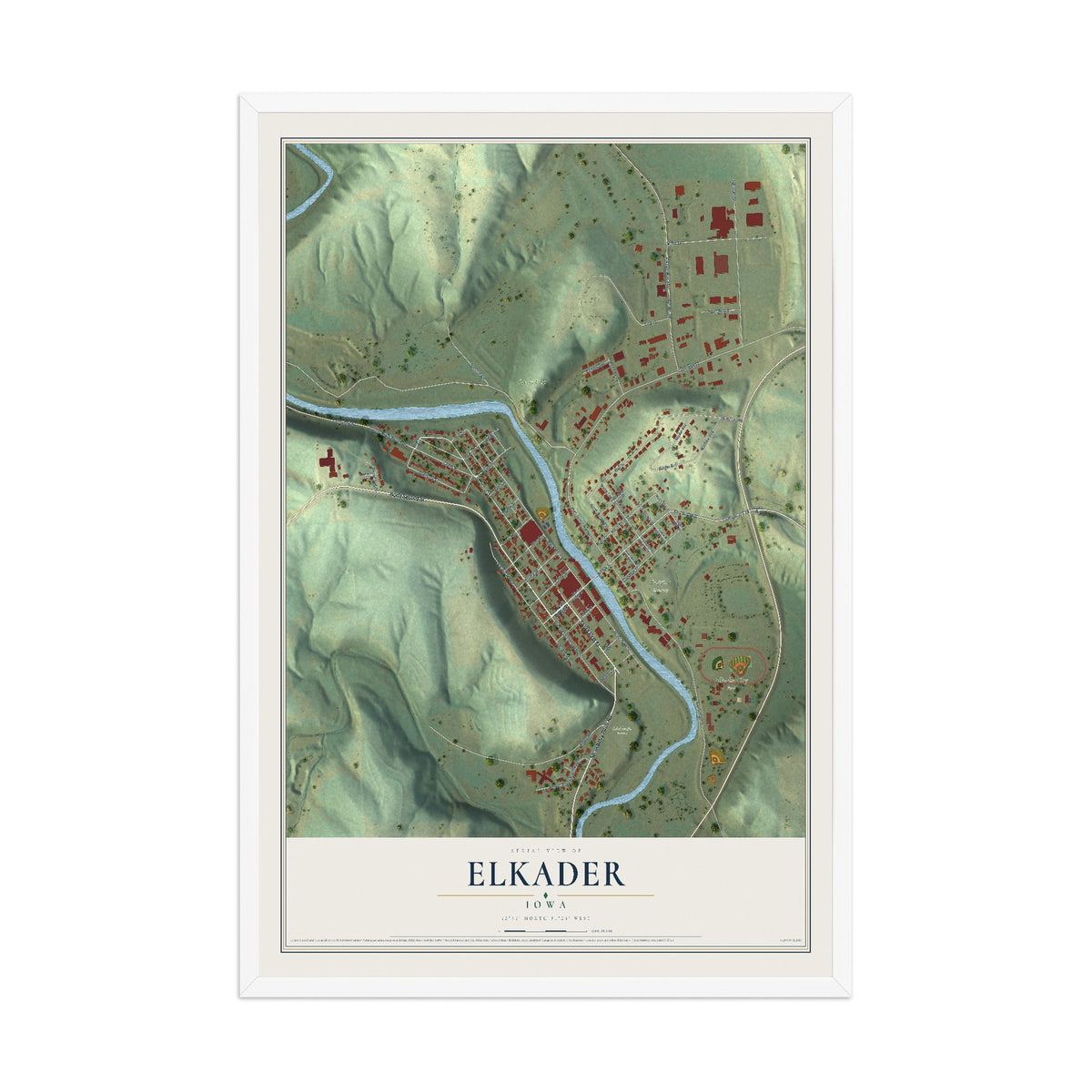 Map of Elkader, Iowa, 12 x 18 inch print in a white wood frame