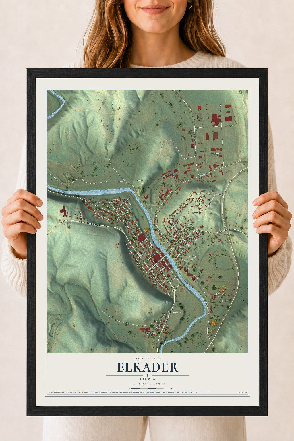 Map of Elkader, Iowa, 18 x 24 inch print in a black wood frame