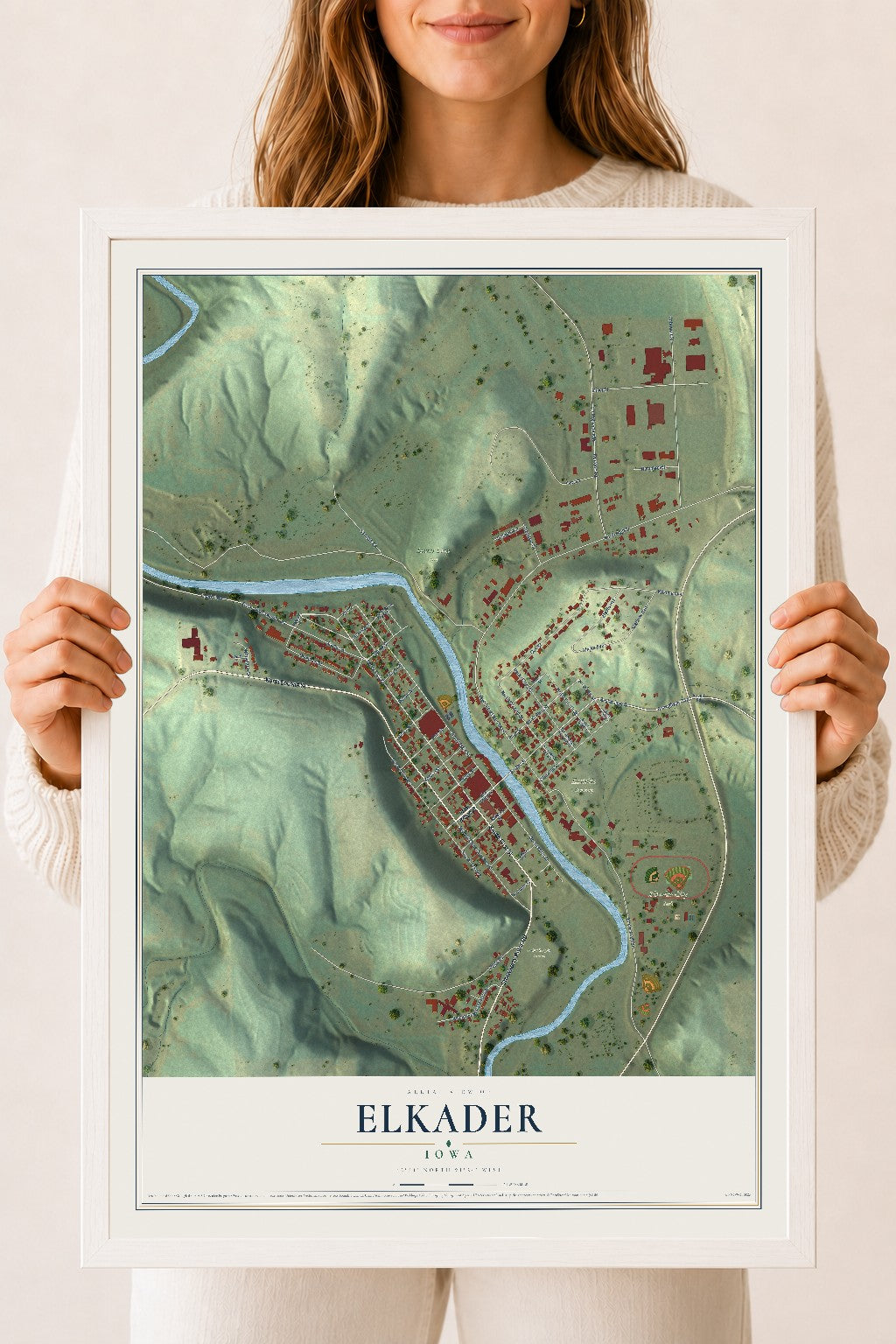 Map of Elkader, Iowa, 18 x 24 inch print in a white wood frame