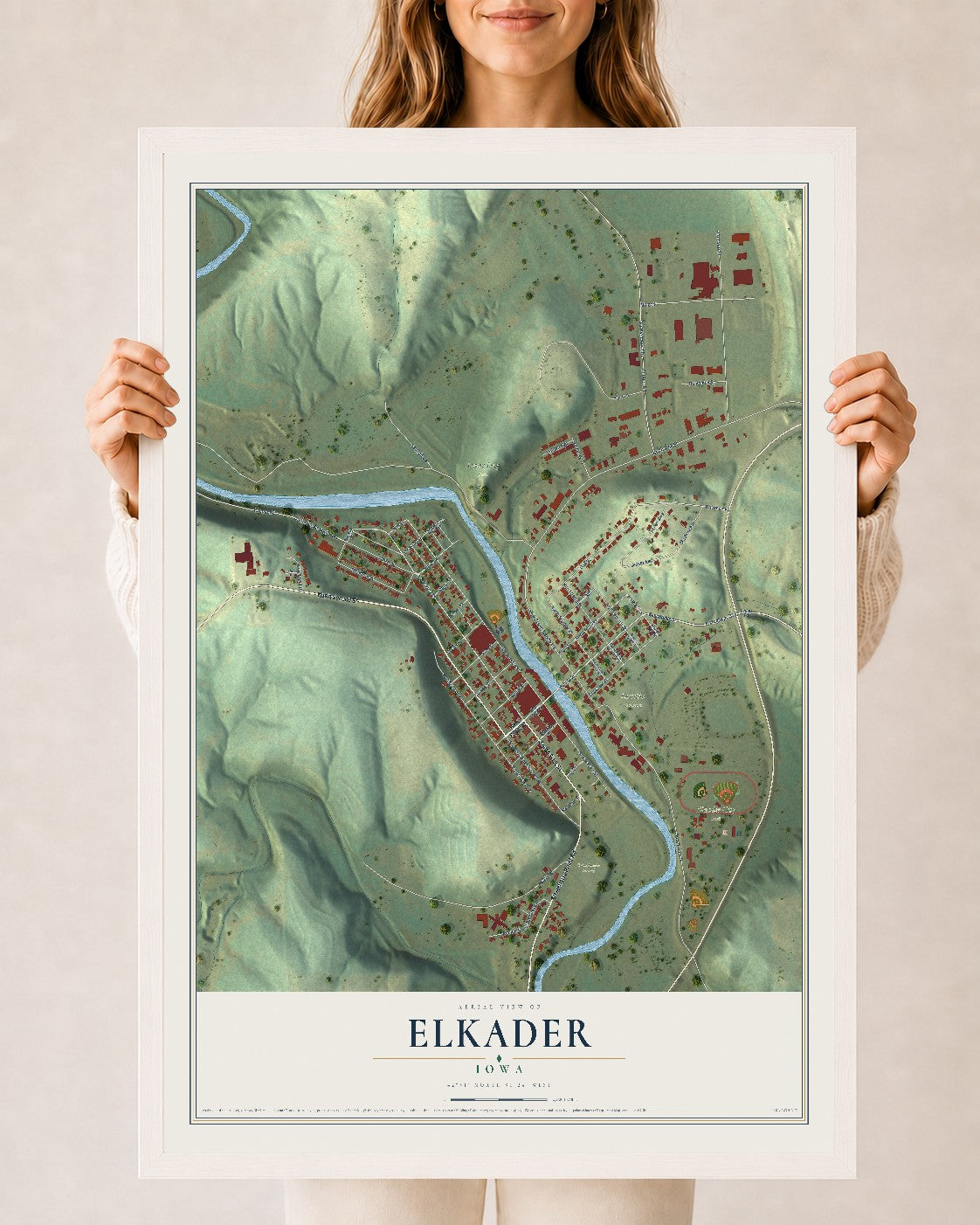 Map of Elkader, Iowa, 24 x 36 inch print in a white wood frame